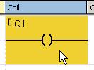 Programeksempel Sett inn inngang I1 øverst til venstre i reléskjemaet Pek på innganger Pek på inngang I1 Klikk og dra I1 til celle Contact 1 001, slipp Pek på utganger Pek på Q1 og velg en