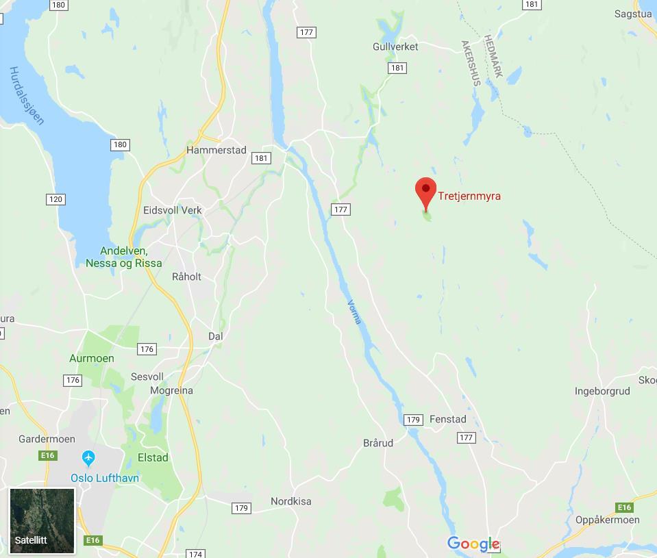 Figur 1. Tretjernmyra naturreservat ligger i Eidsvoll kommune, i Akershus fylke. Bildet er hentet ut fra google maps.