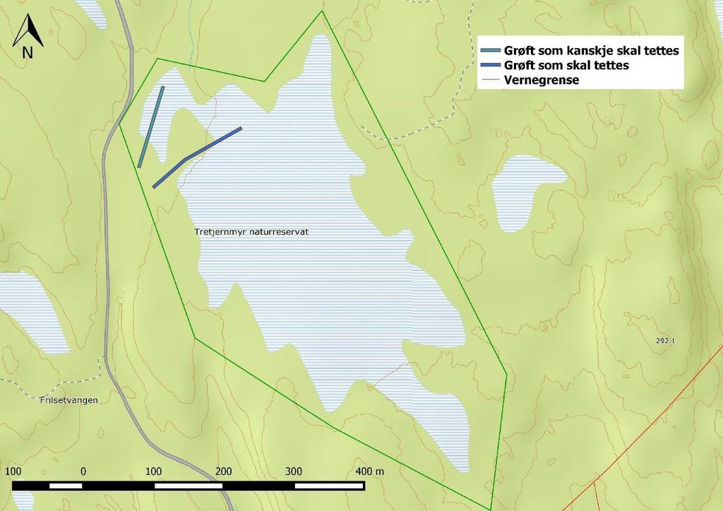 Figur 2. Oversiktskart over grøftene i Tretjernmyra naturreservat som skulle restaureres.