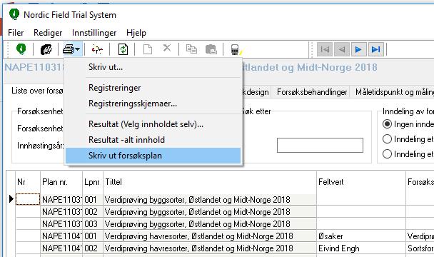 Skrive ut forsøksplan, og feltkart Forsøksplan gir hele forsøksplanen men ikke selve