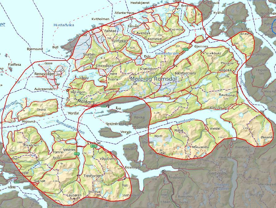 Innledende beskrivelse av området AREAL: 3627 km 2 KOMMUNER: Ørskog, Skodje, Haram, Vestnes, Midsund, Aukra, Fræna, Eide, Averøy, Gjemnes, Nesset, Rauma, Sunndal, Tingvoll, Frei, Sandøy, Stordal.