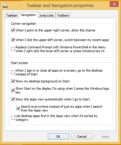 Tilpasse Start-skjermen I Windows 8.1 kan du også tilpasse startskjermen slik at du kan starte direkte på Skrivebordmodus og tilpasse organiseringen av appene på skjermen.