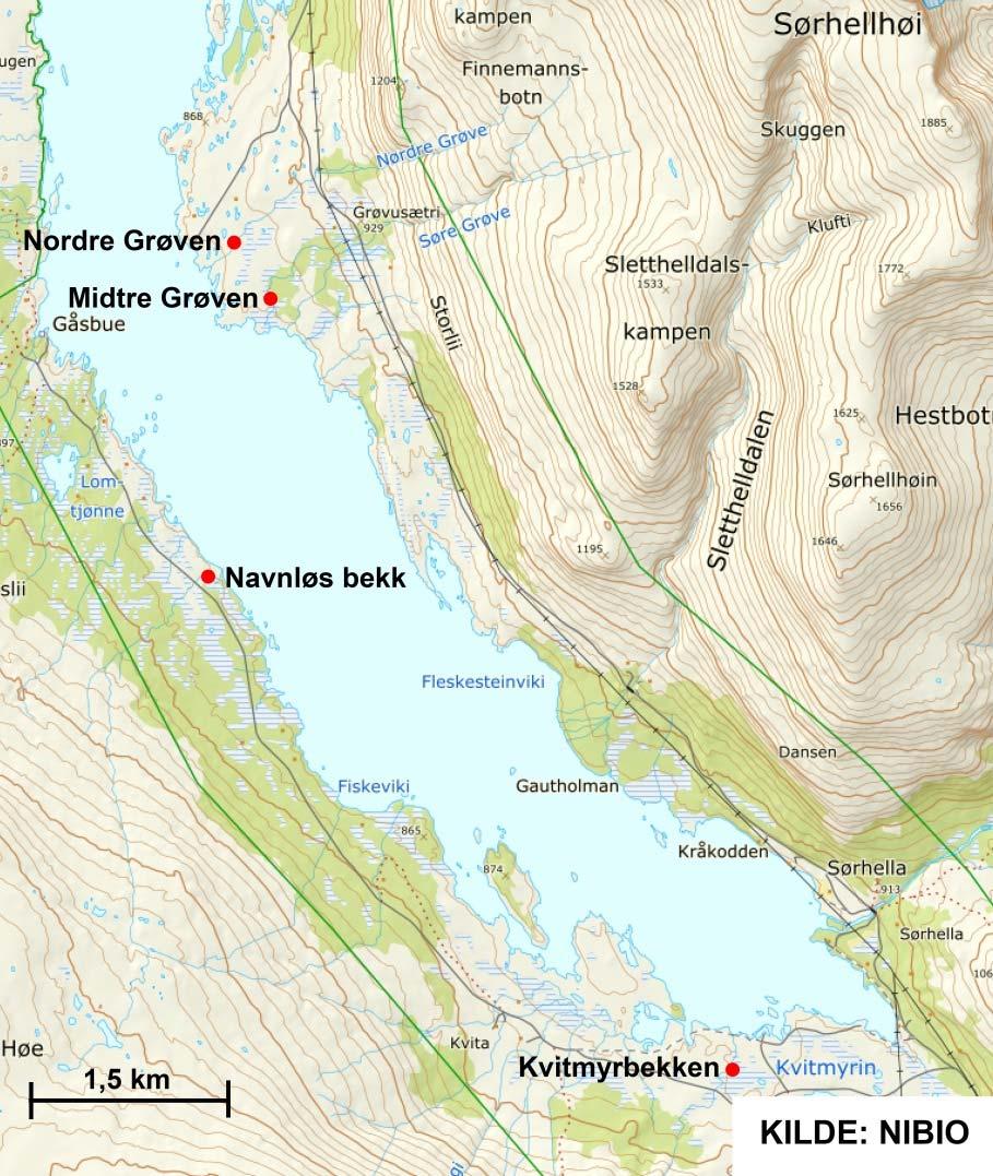 Figur 3.3. Kart over Gautsjøen, sydlig del av Aursjømagasinet, med fire undersøkte bekker som rekrutteringsområder for ørret.