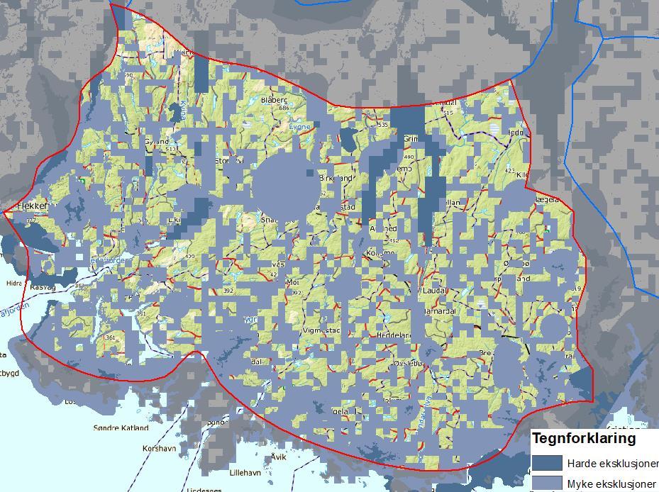 Området ligger i det sørnorske grunnfjellsområdet med næringsfattige bergarter og lite løsmasseavsetninger. Landskapet Figur 1: Kart over analyseområde 12. Bakgrunnskart: Kartverket.