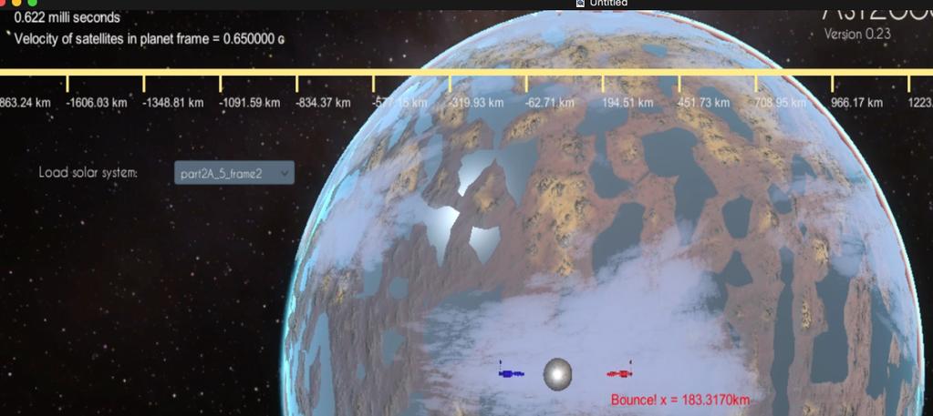 Figur 2: Event B i planetens referansesystem. Laserstra len blir i dette øyeblikket reflektert pa det røde romskipet til høyre i posisjonen som blir oppgitt pa bildet.