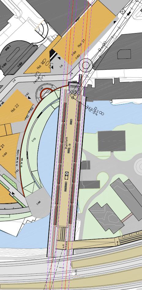 Lysaker Figur 7: Ny stasjonsløsning, Lysaker Lysaker stasjon ønskes primært anlagt under de planlagte bygningene som vist på tegningen over. Oppganger legges i hver ende med i tillegg til heis.