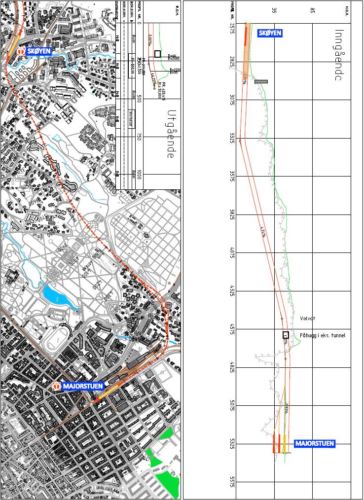 2.2.4 Skøyen - Majorstuen Figur 13: Metro, Skøyen - Majorstuen Som lengdeprofilet viser, vil banen gå inn i fjelltunnel i
