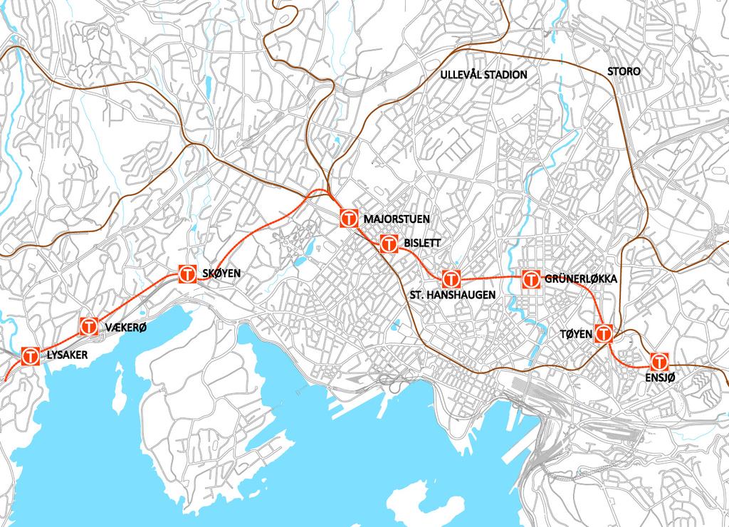 legges tunnelen der det er best mulig fjelloverdekning. Innføringen til Majorstuen legges via Røabanen/Kolsåsbanen i en planskilt løsning inne i Volvattunnelen.