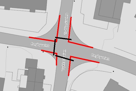 Prosjektutviking (PU) i samarbeid med TD 6 Kryss mellom Begbyveien og Trykkeriveien Avrundet kryss optimalisert for at biler og