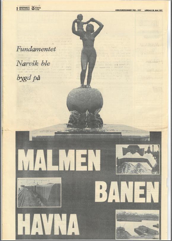 In 1977 the city of Narvik celebrated its 75 th birthday. This newspaper clipping is from the jubilee issue of Fremover, published on May 28 th 1977.
