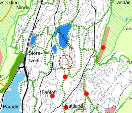 16 5.4 Temaplaner til kommuneplanens arealdel Temakart Grønne interesser Planområdets lokalisering er vist med rødstiplet sirkel.