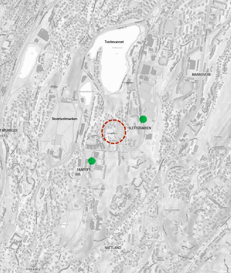 20 6 BESKRIVELSE AV PLANOMRÅDET 6.1 Beliggenhet Planområdet ligger i Årstad bydel, langs Vilhelm Bjerknes vei, mellom senterområdene Fantoft og Slettebakken.