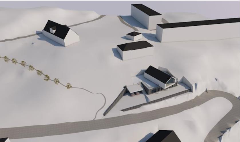52 Utsnittet av 3Dmodellen fra Link Arkitektur viser planlagt eneboligs forhold til omgivelsene. En ser at bygget ligger lavere i terrenget enn hovedhuset (øverst t.