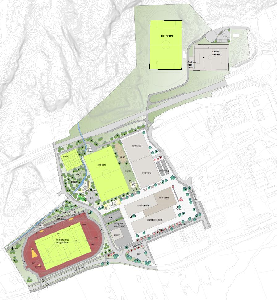 Figur 4: Illustrasjonsplan av fremtidig skolesenter (Alternativ A4-A fra mulighetsstudie) 3.2.