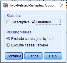 WILCOXON SIGNED RANK-TEST Two-Related-Samples: Options Hak av for Quartiles (og Descriptives om du ønsker litt deskriptiv statistikk i tillegg).