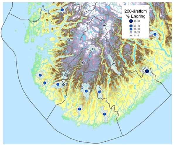 Figur 7 Forventet endring i 200-årsflom frem mot 2100 (Kilde: Lawrence, 2016). 3.