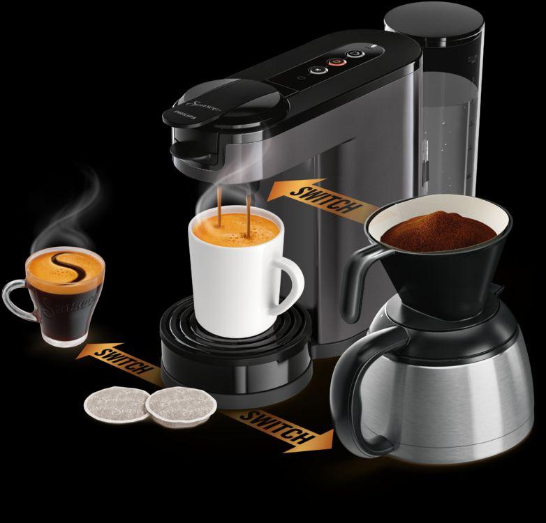 Hefte før salg for Norge () Kaffetrakter Base 3-i-1-funksjon: filterkaffe og puter Fyldig cremalag i hver kopp Termokanne for opptil 7 kopper Kasjmirgrå HD6593/20 Velg mellom en kopp, et krus eller