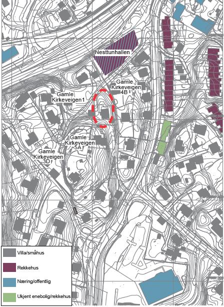 Bybanen går rett nord for boligområdet. Et større leilighetskompleks er under oppføring rett nordøst for planområdet på gnr. 42 bnr. 86, Gamle Kirkevegen 3. Figur 3-1 Skråfoto av området til venstre.