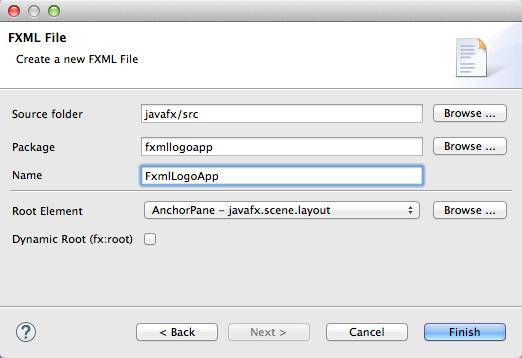 Fyll inn FxmlLogoApp og trykk Finish.