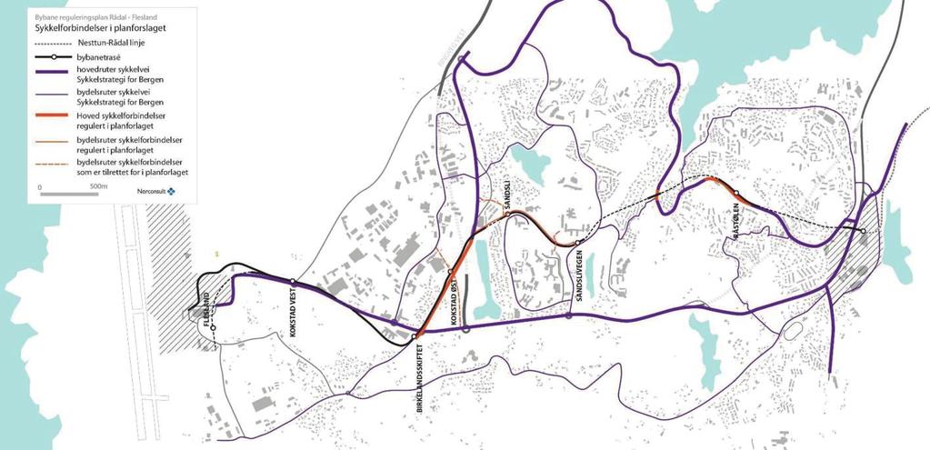Figur 8 Overordnet vegnett (i dag) i Fana/Ytrebygda, illustrert forslag til bybane trasé BA Overordnet sykkelvegnett: Planforslaget innebærer endringer, ombygginger og suppleringer av sykkelvegnettet.