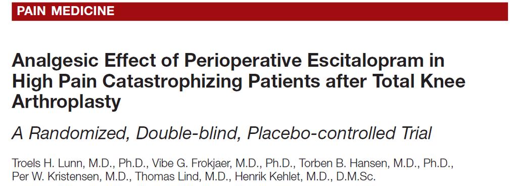 A total of 120 pain catastrophizing patients (selected using the pain catastrophizing scale as preoperative screen-ing tool) scheduled for TKA were randomized in a doubleblind manner to either 10 mg