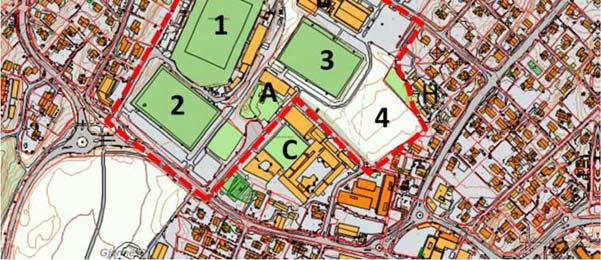 Nadderudområdet A: Arena Bekkestua B: Nadderudhallen C: Oslo International School D: Nadderud Arena (håndballhall) E: