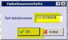 I boksen som kommer opp, Fødselsnummerbytte, skriver du inn det korrekte fødselsnummeret (som du nettopp slettet) og trykk OK Dersom flere av fødselsnumrene har vært benyttet, bestemmer man seg for