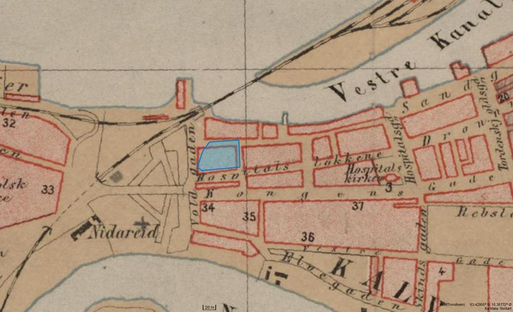 1800 og ble i perioden 1820-1880 benyttet som kirkegård (se Figur 3 og Figur 4). Figur 3: Utsnitt fra historisk kart fra 1844 /5/. Aktuell eiendom er markert med blå polygon i kartutsnitt.