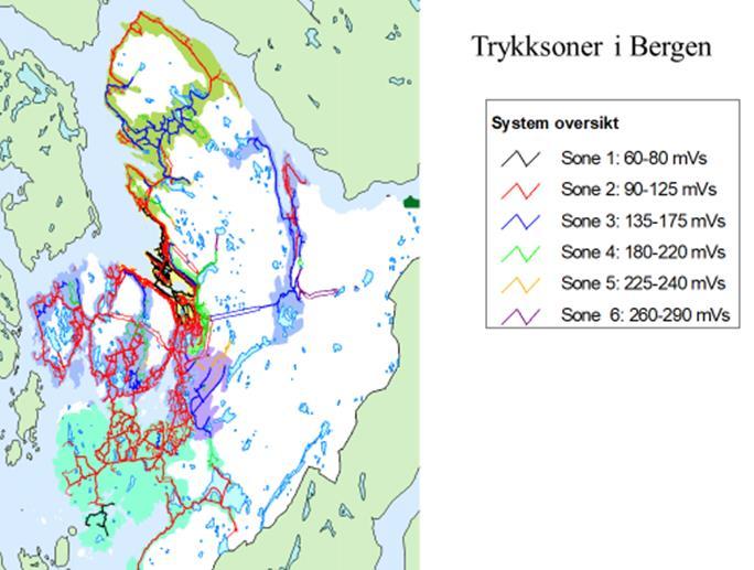 Fig. 6.2 Trykket i Bergen kommunes vannledningsnett er inndelt i seks hovedtrykksoner. Lekkasjereduksjon Det samlede lekkasjetapet er beregnet til 31 % av total vannproduksjon på 31,9 mill.