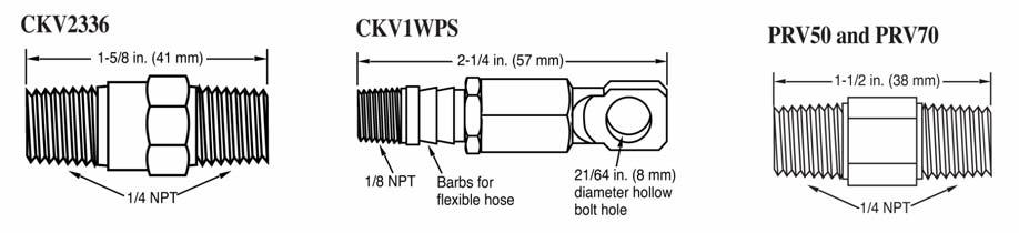 There are two types of check valves: CKV2336 and CKV1WPS. The CKV2336 has a 1/4 NPT threaded male connection on each end for connecting to fuel line fittings or hoses.