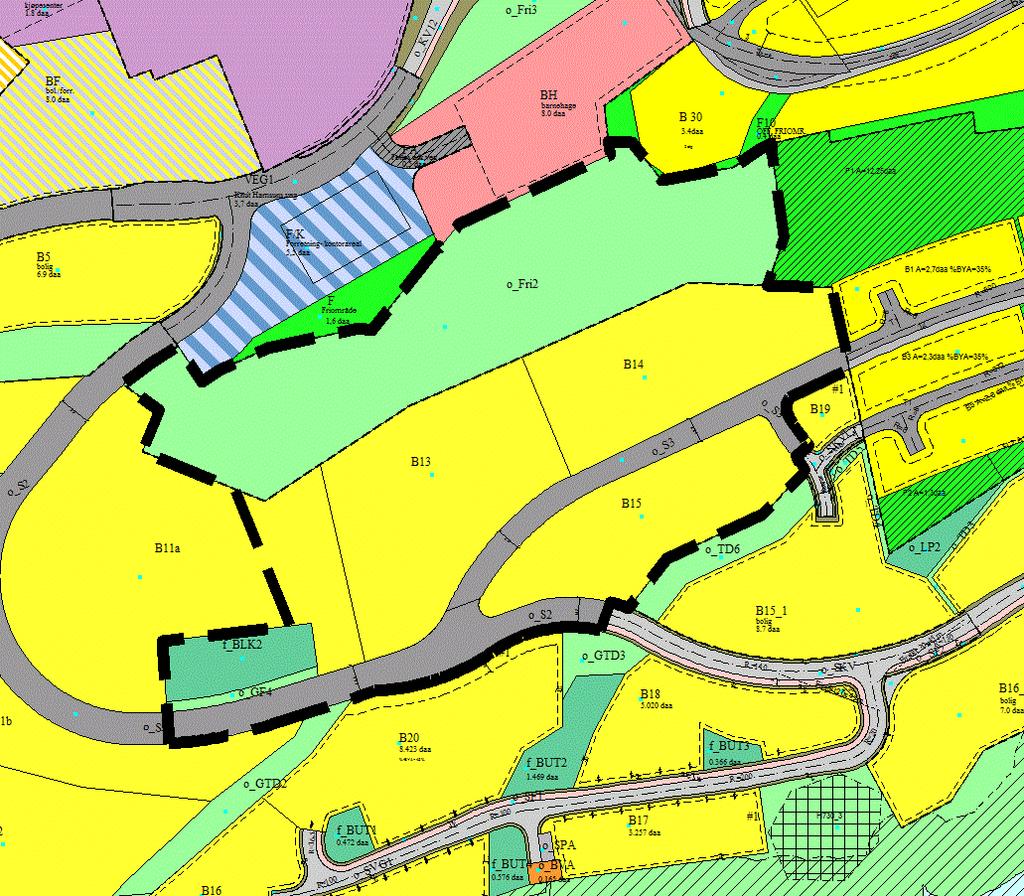 Gjeldende planstatus Utsnitt fra områdereguleringene for Hunstad sør (planid 2015013 og 2432) fremgår nedenfor. Planavgreningen for denne reguleringen er vist med stiplet sort linje.