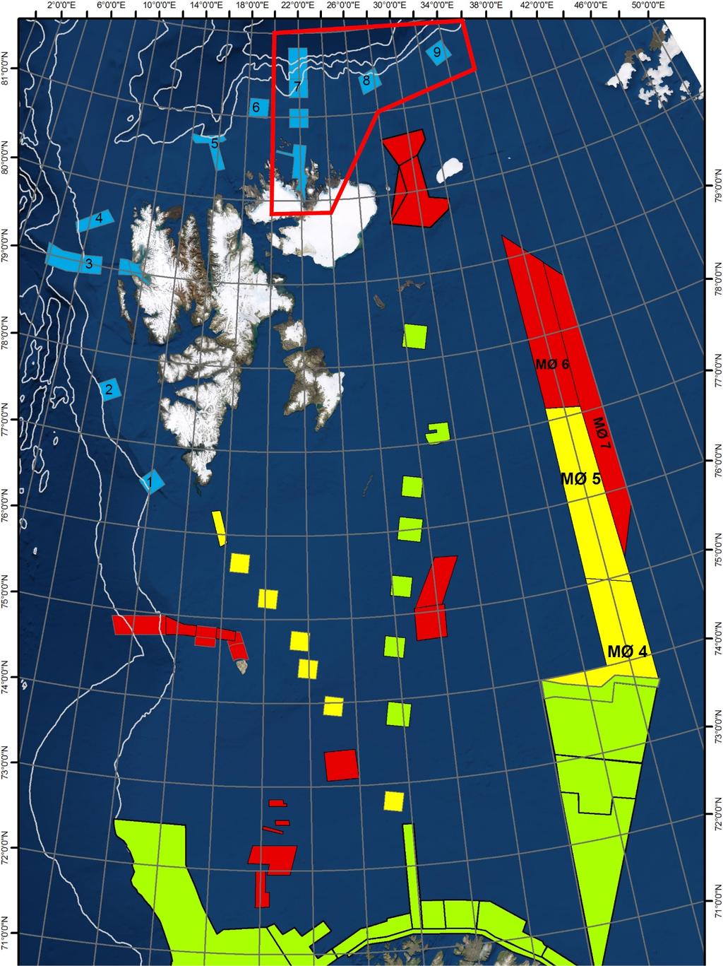 Figur 2A. Områder for feltinnsamling av geologiske, biologiske og kjemiske prøver/data i Barentshavet 2018 (blå) og senere (rød). Blå bokser med nummer er sokkelkantbokser.