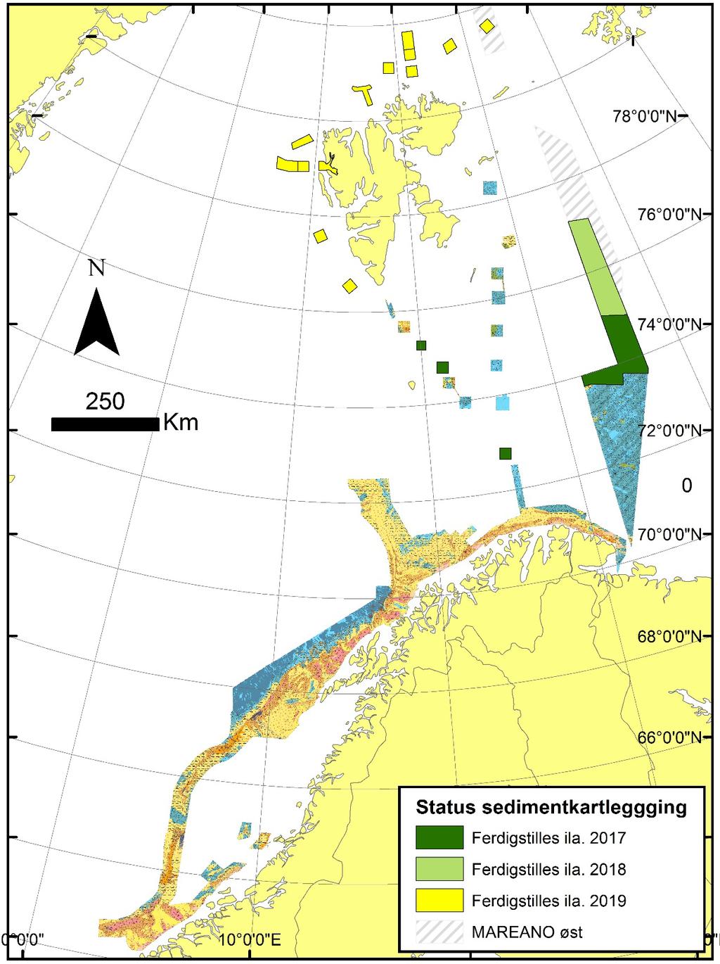 Figur 7. Ferdigstilte sedimentkart pr. 15.11.2017. Mørkegrønne arealer: områder der sedimentkart under arbeid blir ferdigstilt i 2017.