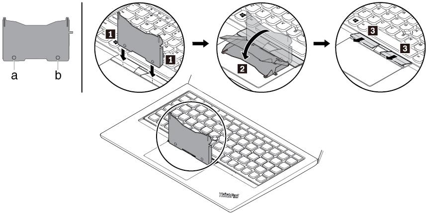 3. Ta verktøyet ut av den nye tastaturpakken. Sett flikene a og b inn i sporet mellom TrackPoint-knappene og pekeplaten 1.