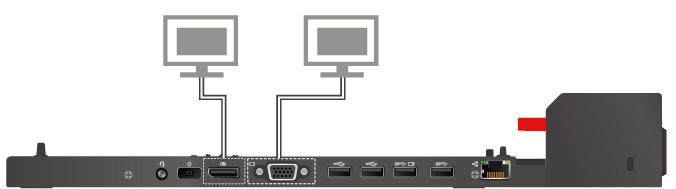 ThinkPad Basic Docking Station Inntil to eksterne skjermer koblet til DisplayPort og VGA-kontaktene kan operere