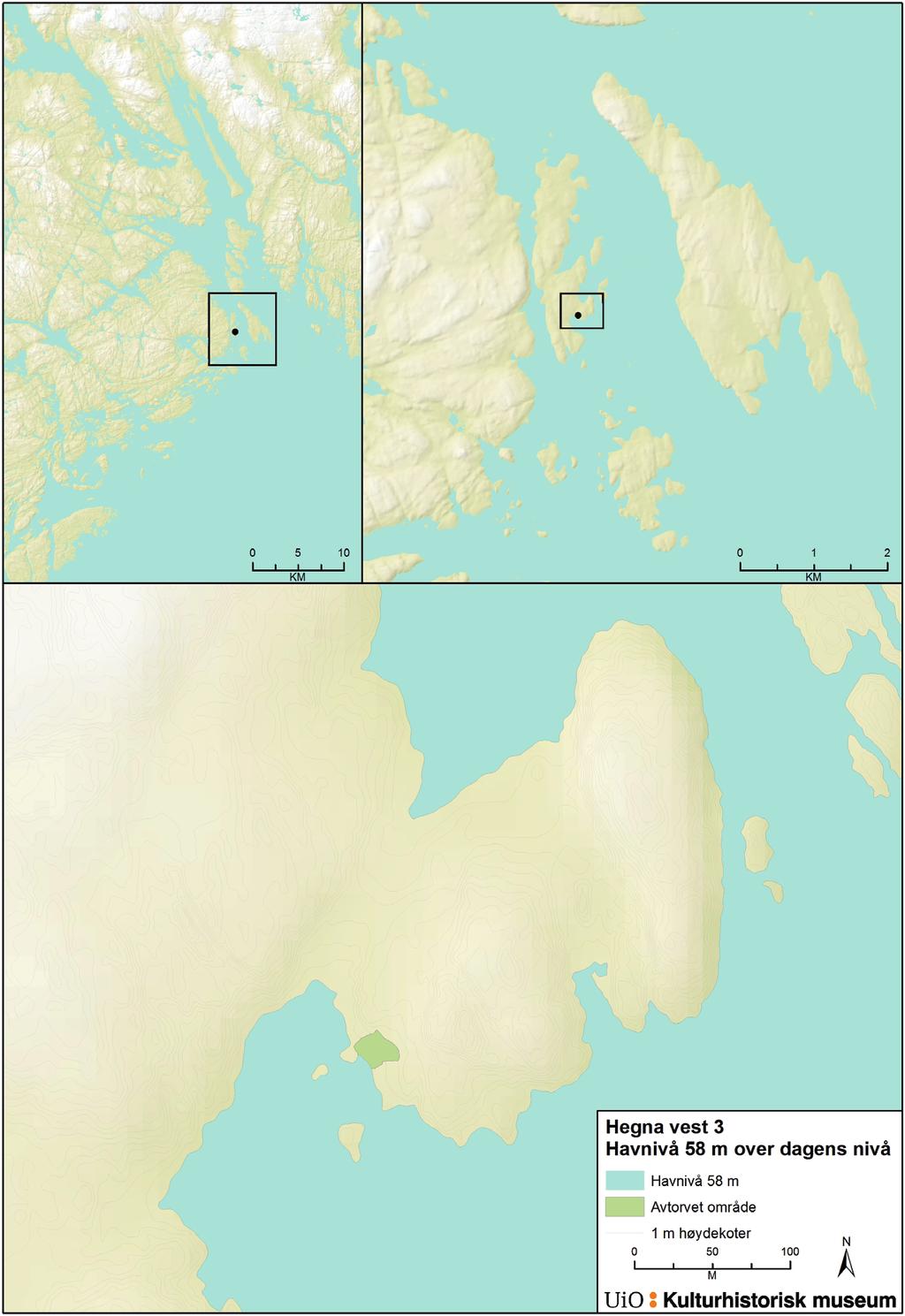 Lotte Eigeland og Guro Fossum HEGNA VEST 3 325 Figur 22.2. Beliggenheten til Hegna vest 3 med et havnivå 58 m over dagens.