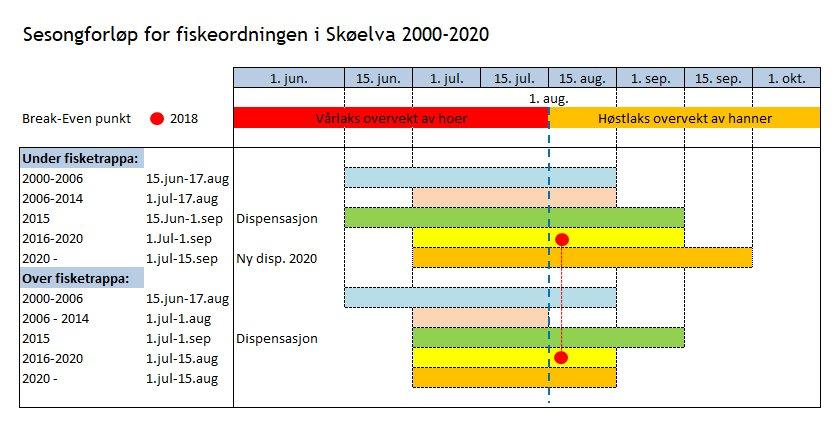Sesongforløpa i Skøelva i perioden etter år 2000: De kontrollerte gjennomslippa i fisketrappa 2002-2006 og videoovervåkningen fra 2006 avdekket at en stor del av villaksen passerte fisketrappa etter