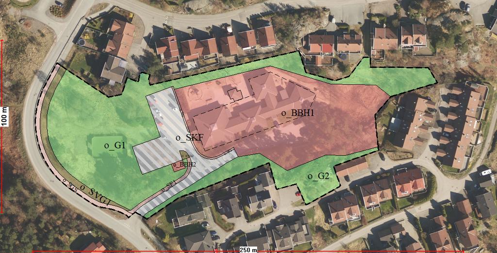 Kartutsnitt 2: Viser forslag til ny plan med tomteutvidelse sør og sørøstover, samt utvidelse av parkeringsplassen vestover mot ballbinge. Totalt innebærer omdisponeringen at ca.