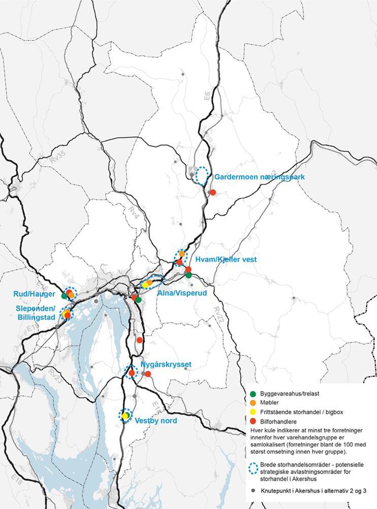 Side 3 av 7 Kart: arealkrevende handel utenfor eksisterende sentrumsområder i Oslo/Akershus. Sentrale lokaliseringer etter varetype. Drøftingsunderlaget ble lagt ut på www.plansamarbeidet.