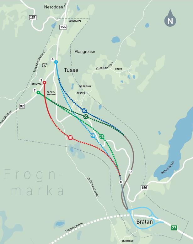 Handlingsprogram for samferdsel i Akershus 2019-2022 Figur 16 - Alternative traseer for fv. 156 Bråtan - Tusse Målet med ny vei er å øke trafikksikkerheten, samt en mer forutsigbar trafikkavvikling.