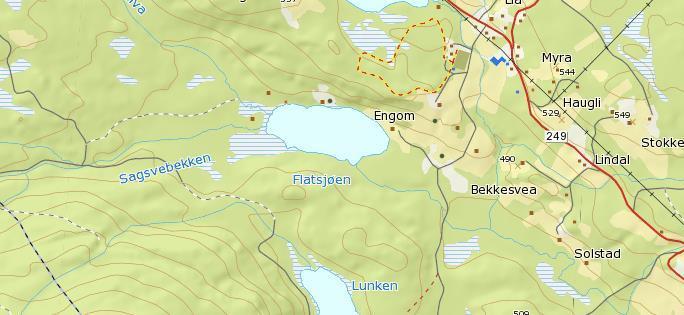 Flatsjøen Beliggenhet: Sør for Lauga i Øvre Snertingdal, Gjøvik kommune. Naturtype: Naturlig skogstjern i barskogsbeltet med noe dyrket mark inntil i nordøstre del.