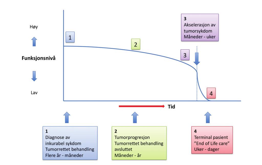 Figur 1 Sykdomsforløp og behandlingsalternativer hos pasienter med uhelbredelig kreft 15.2.