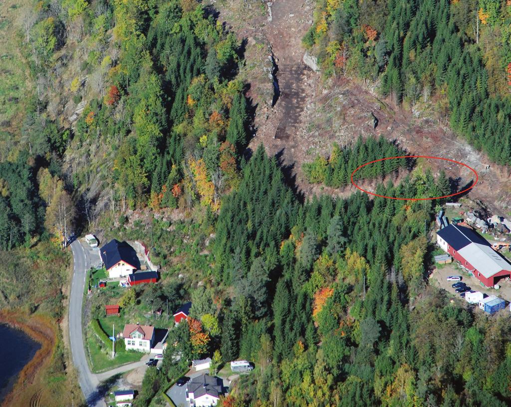 14.6. langangen vestgård 7 389 Figur 14.6.1. Flyfoto med Langangen Vestgård 7 markert. Omtalte anleggsvei går ned lia nedenfor den røde ringen.