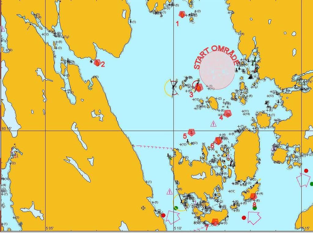 Kartskisse, Tur & Hav, Serieseilaser 2013 1 Vestre Synstholmane (holme) 2 Haganes (holme) 3 Flatøy (holme) 4 Spikaren (holme) 5 Spikaren (stang) 6 Store Brattholmen 7 Visterøy 8 Bjelkarøy-Buarøy