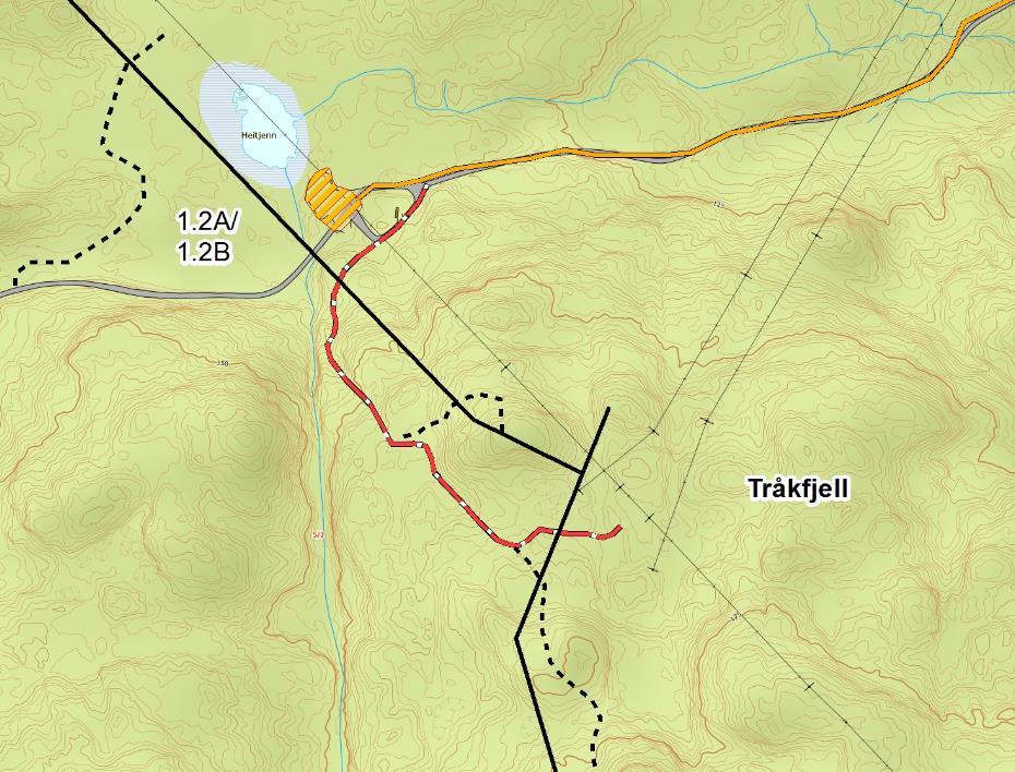 Side 30 Figur 15: Kartutsnitt av ny permanent anleggsvei opp til Tråkfjell. Veien er merket med rød strek. Kilde: Skagerak Nett, 2018.