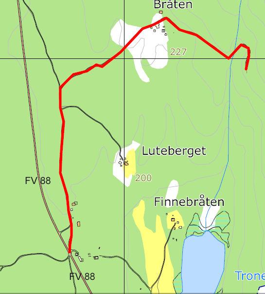 FRA FV. 88 - TIL LUTEBERGET OG BRÅTEN. Veg fra FV. 88 - til Luteberget og Bråten. Navneforslag: PRIMSKOTTÅSEN.