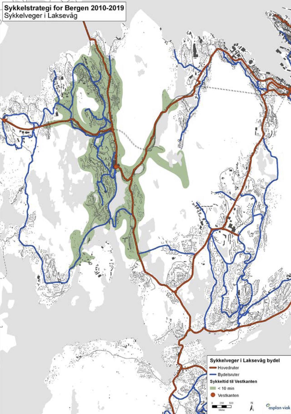 Fig. 20. Forslag til sykkelveger for Fyllingsdalen. Det aktuelle området vist med rødt. Støy Eiendommen ligger ikke støyutsatt fra vei, men området ligger i gul flystøysone jf. KPA.