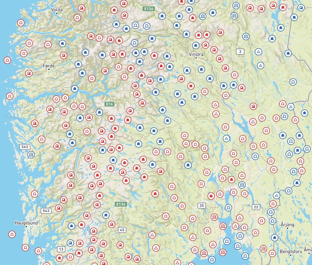 Hytter: Kun vise et utvalg for hele landet? Et utvalg av hytter som ikke overlapper (ved lavere zoom) Hytter med høyest prioritet tegnes ut først.