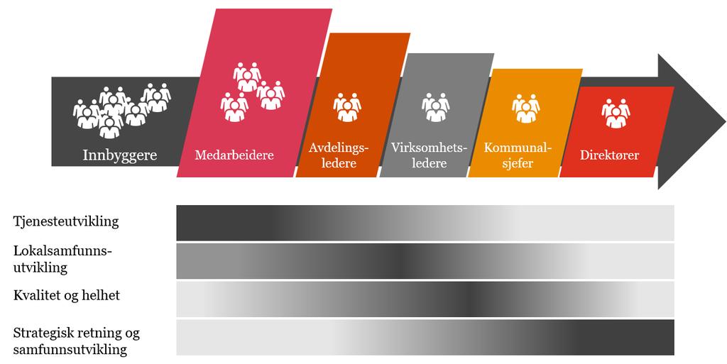 Prinsipielt om organiseringen Ulik oppmerksomhet avhengig av ledernivå Vertikalt kan nye Drammen ses som en 4-5 nivå organisasjon, der nivå 1 er rådmannens lederteam, nivå 2 er tjenester som ledes av