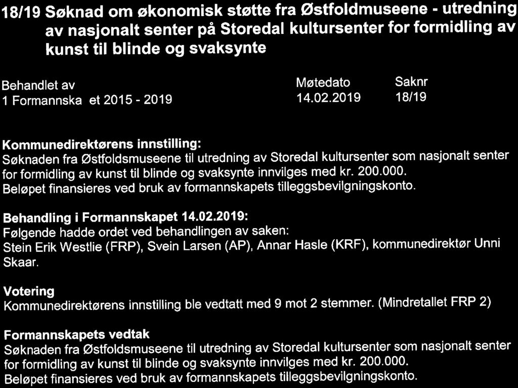 18/19 Søknad om økonomisk støtte fra Østfoldmuseene - utredning av nasjonalt senter på Storedal kultursenter for formidling av kunst til blinde og svaksynte 14. 02.